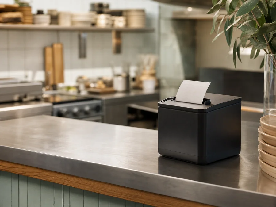 Optional receipt printer in a small restaurant kitchen